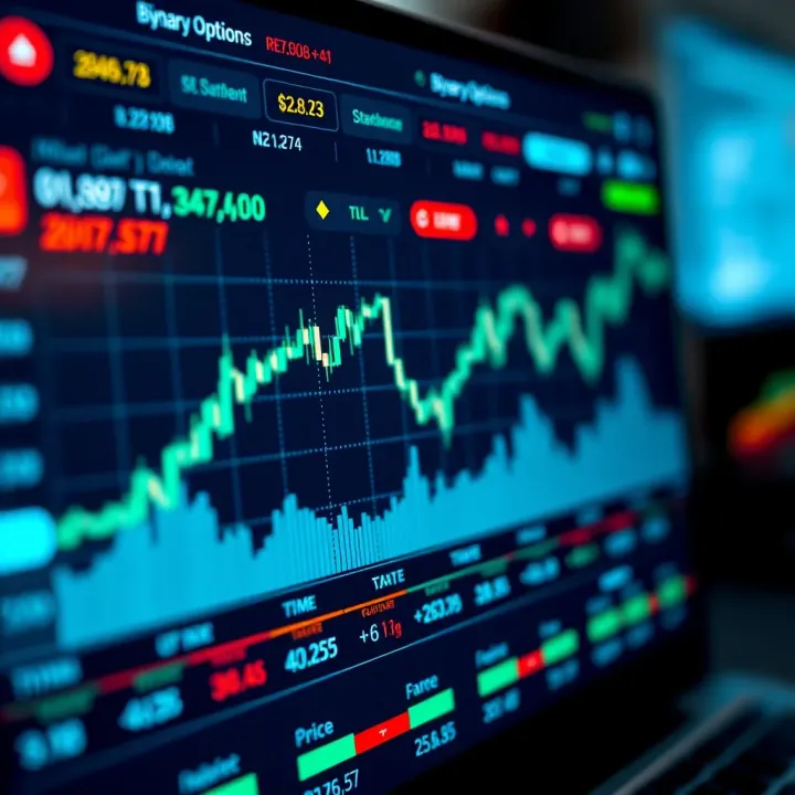 Graph showing binary options trading interface with demo account balance and live price fluctuations
