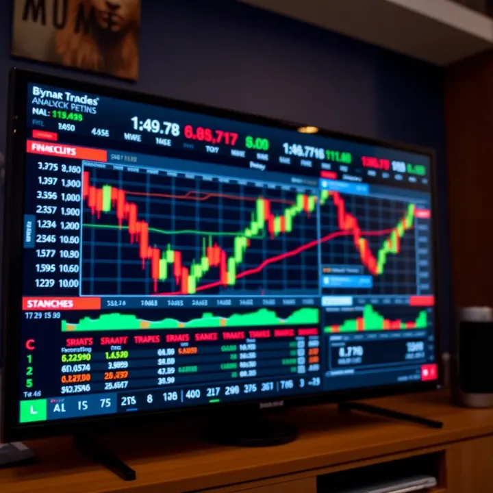 Television screen displaying financial charts and binary options interface