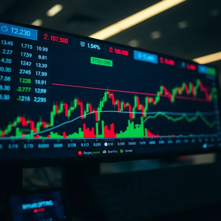 Illustration of a digital platform displaying binary options trading interface with market indicators
