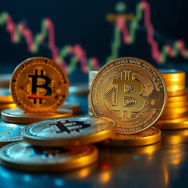 Cryptocurrency and Colombian Peso Exchange Dynamics Illustration of cryptocurrency symbols with Colombian peso coins representing digital currency exchange