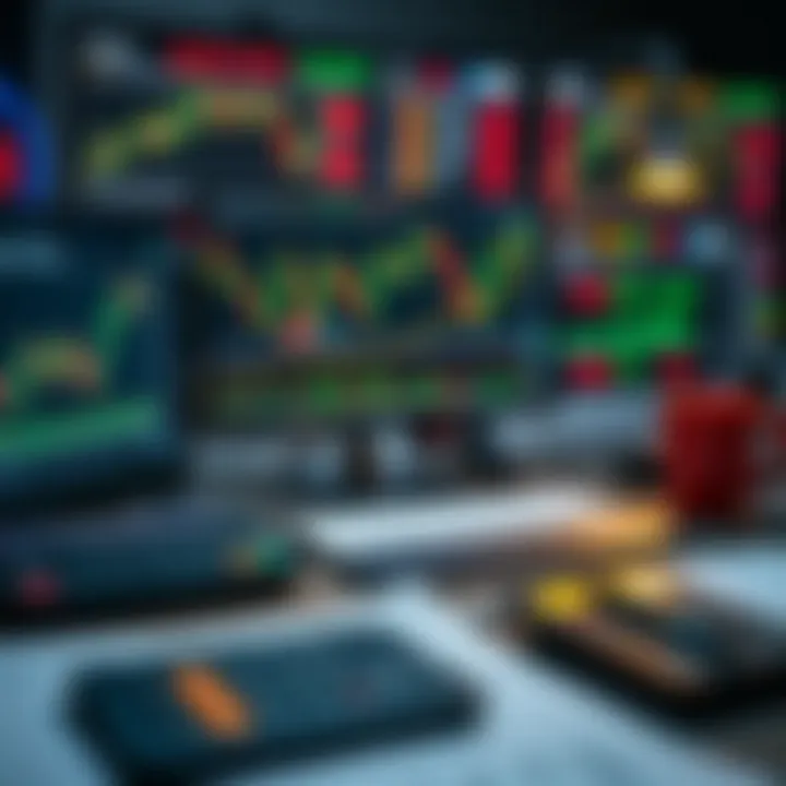 Illustration of trading tools including charts, calculators, and a computer setup for analyzing binary options