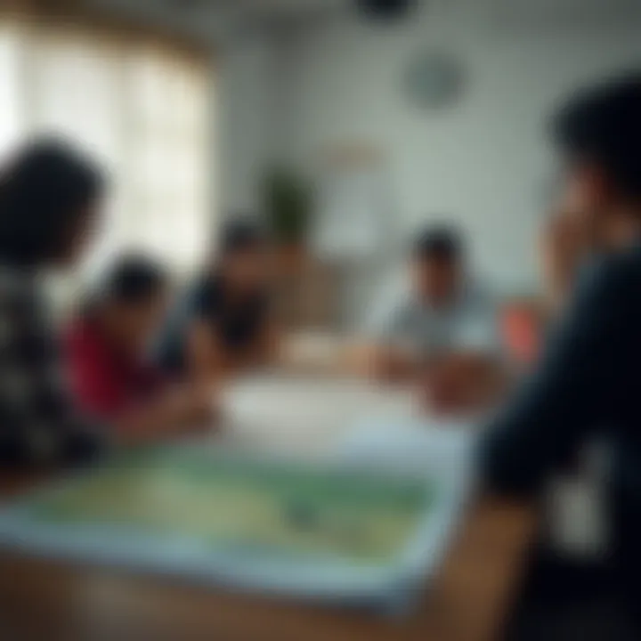 Community members collaborating in a local disaster preparedness meeting with maps and emergency plans