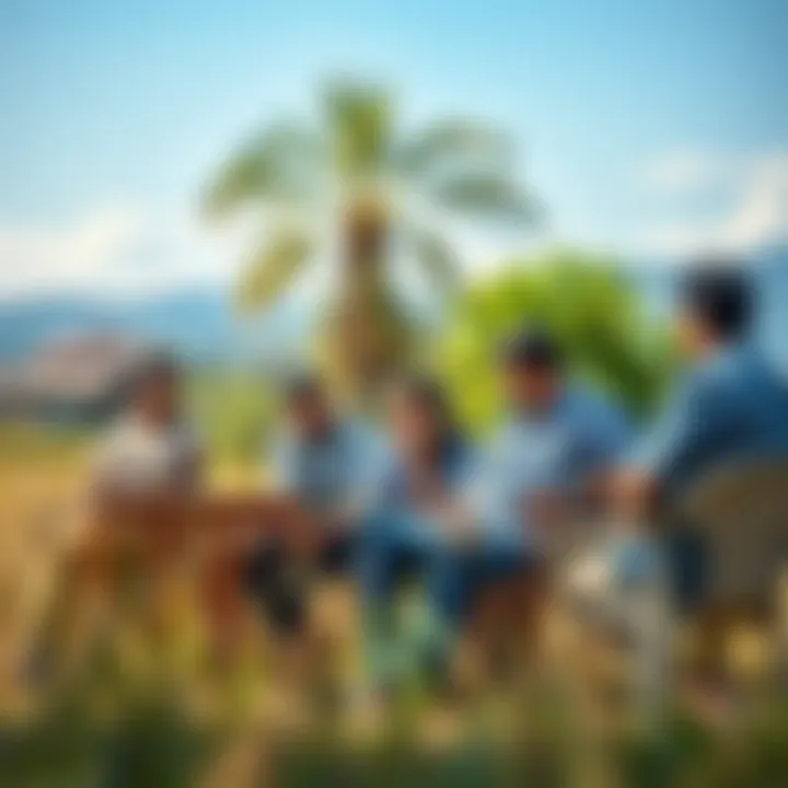 Community members engaged in an outdoor environmental planning meeting surrounded by natural landscape