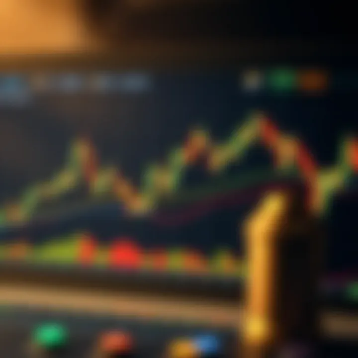 Graph showing financial market trends with candlestick chart and volume indicators