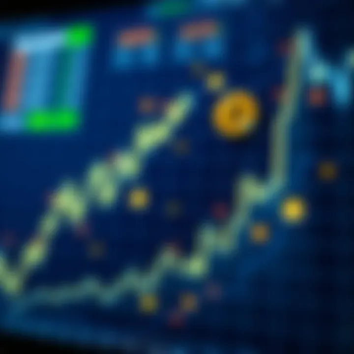 Graph showing upward trend of cryptocurrency trading with digital currency symbols