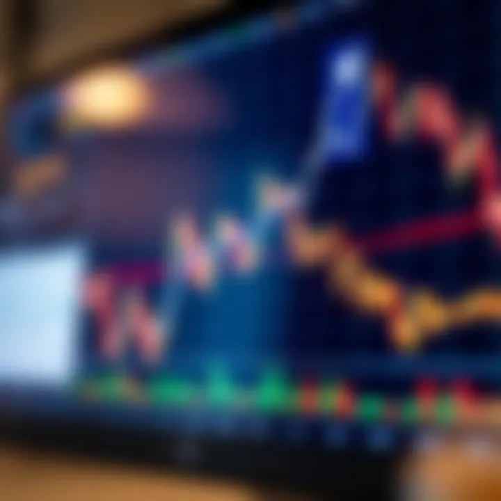 Graph showing financial trading data with upward trend and digital interface