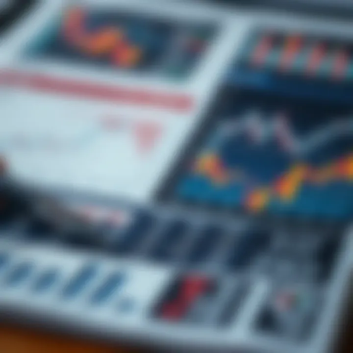 Illustration of financial reports, company data, and economic indicators overview