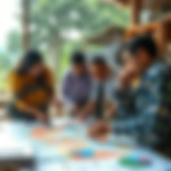 Illustration of community members collaborating on disaster risk assessment using maps and data charts