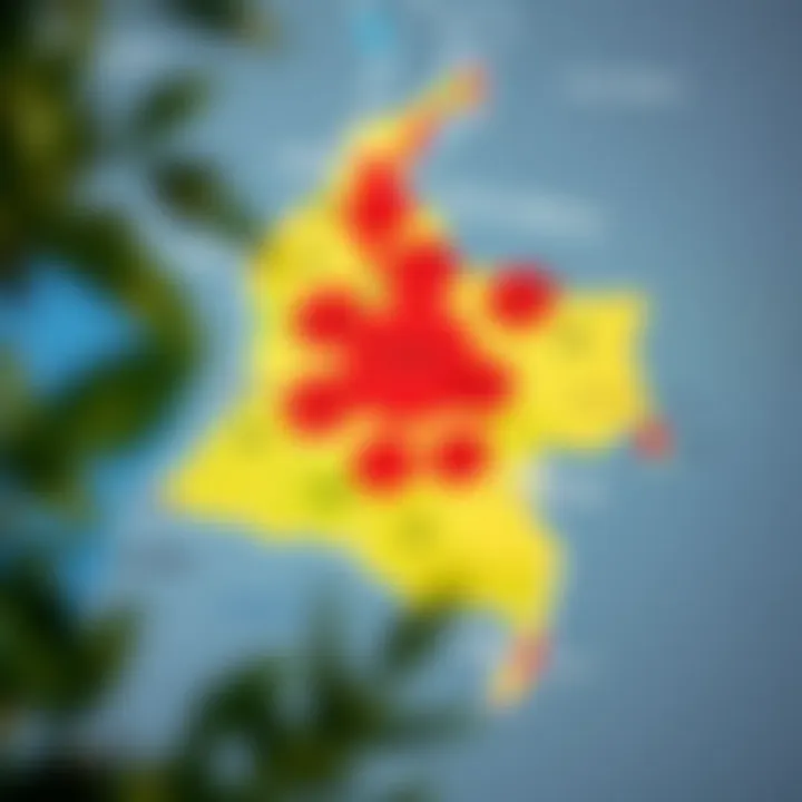 Map of Colombia highlighting regions vulnerable to natural hazards and risk zones