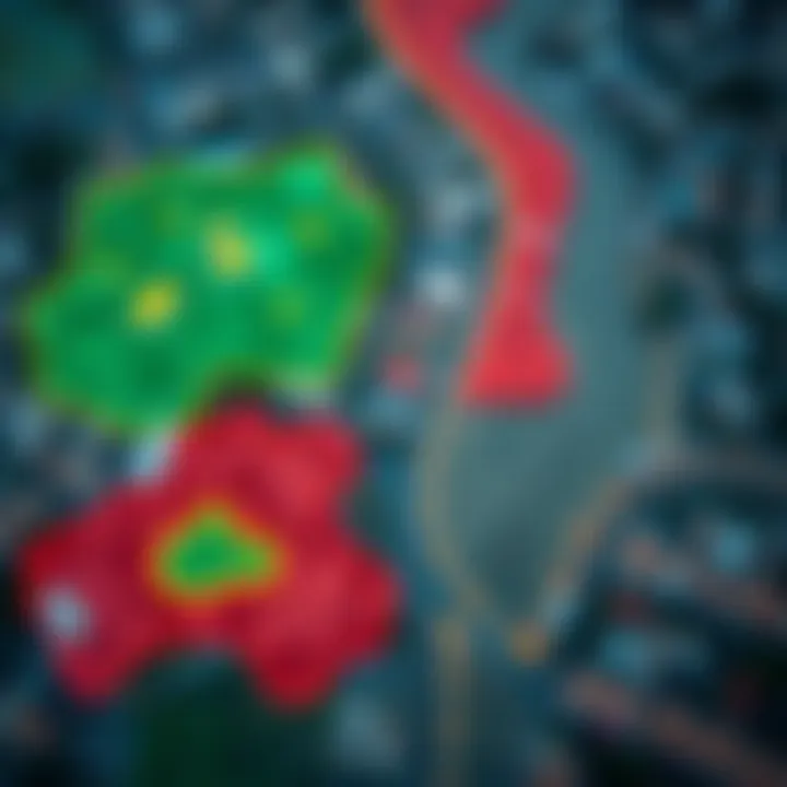 Aerial view of a flood-prone urban area highlighting risk zones with color-coded overlays