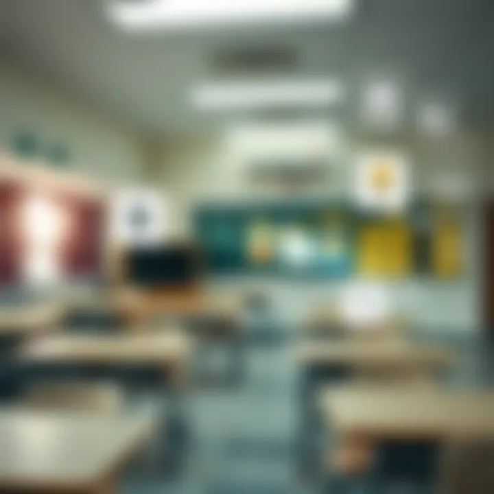 School environment with safety measures and emergency preparedness icons