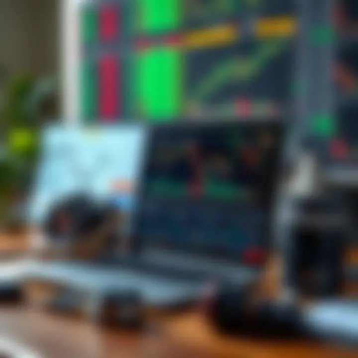 Collection of financial tools including charts, indicators, and a laptop screen displaying market analysis