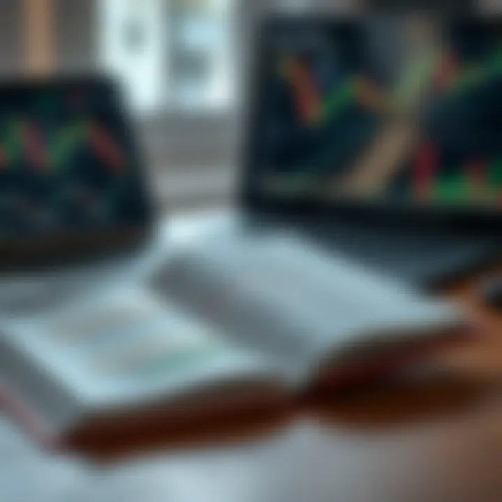 Studying Trading Concepts with PDF Course Materials Open book with highlighted notes and a laptop showing financial graphs