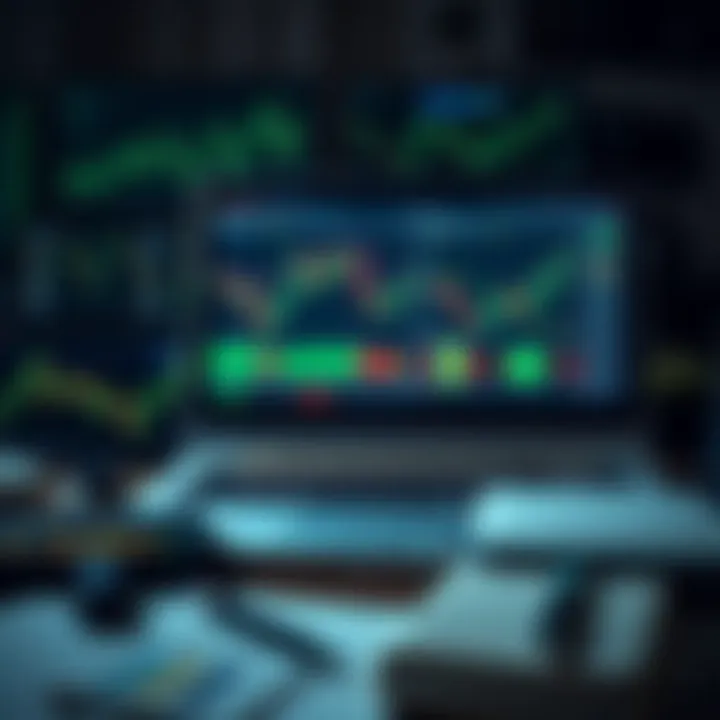 Collection of trading tools including charts, laptop, and financial data analysis on screen