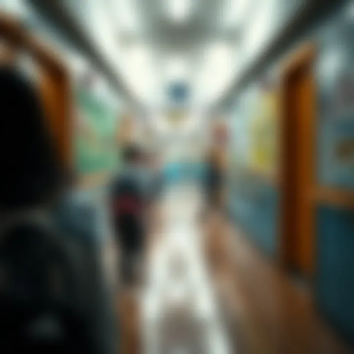 Colorful school drawings illustrating common risks like slippery floors and crowded hallways