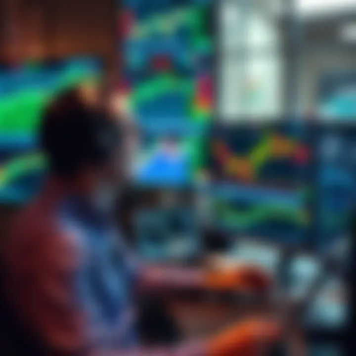 Trader analyzing economic calendar data on multiple screens for investment decisions