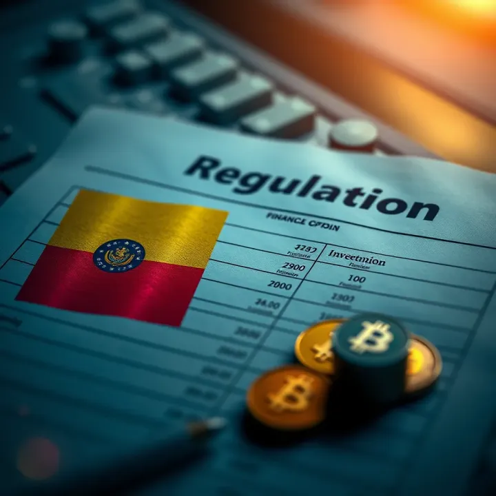 Illustration of a financial document with Colombian flag and currency symbols representing regulation and investment risks