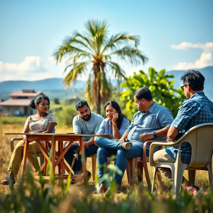 Community members engaged in an outdoor environmental planning meeting surrounded by natural landscape