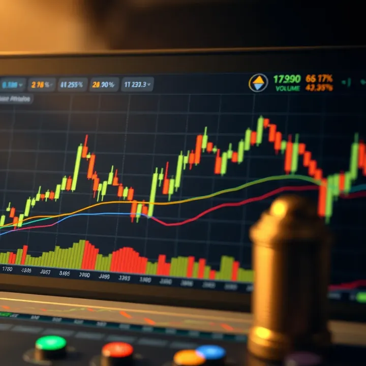 Graph showing financial market trends with candlestick chart and volume indicators
