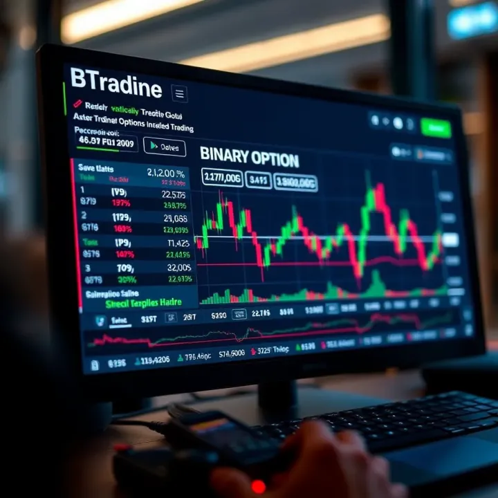 Binary options trading interface showing a simulated forecast chart and trading options