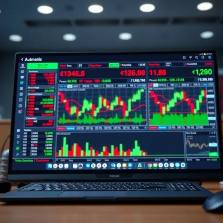 Digital interface displaying automated trading platform with charts and copy trading connections
