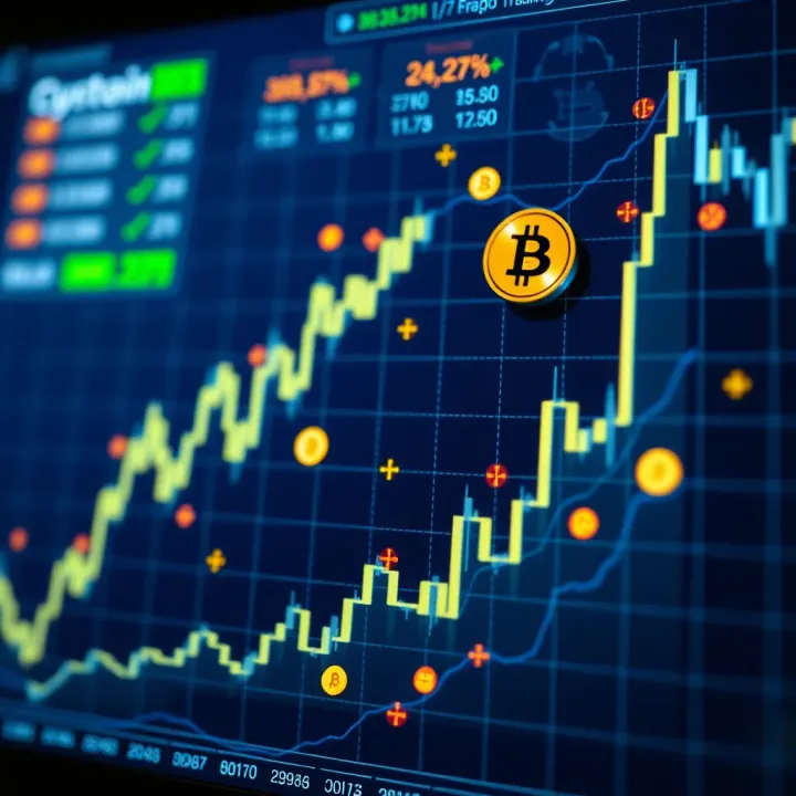 Graph showing upward trend of cryptocurrency trading with digital currency symbols