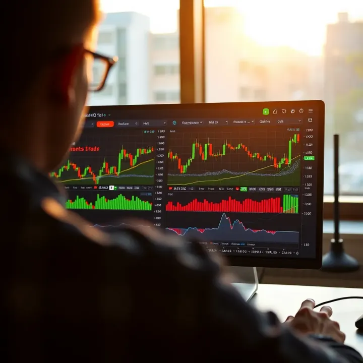 Interactive trading platform screen showing binary options demo account dashboard with charts and trading tools