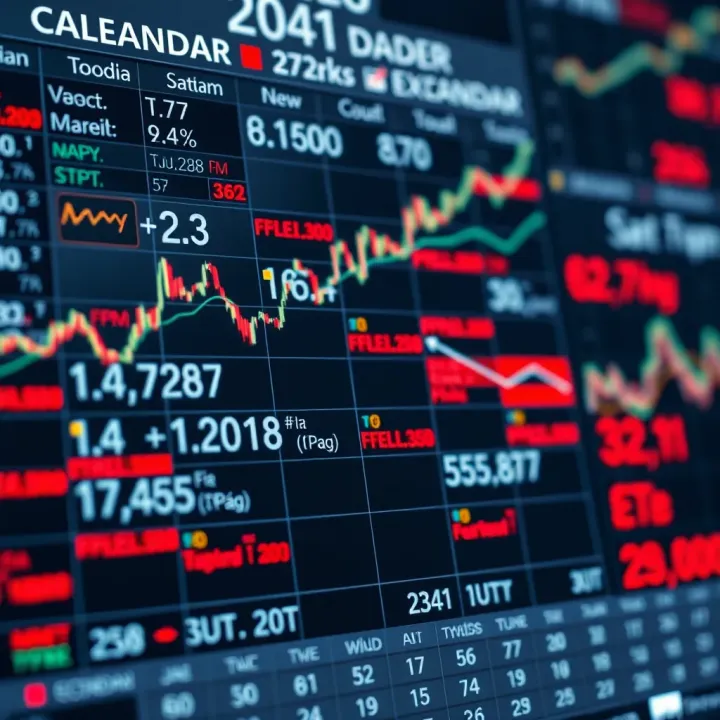 Economic calendar with highlighted major currency pairs and forecasted economic events