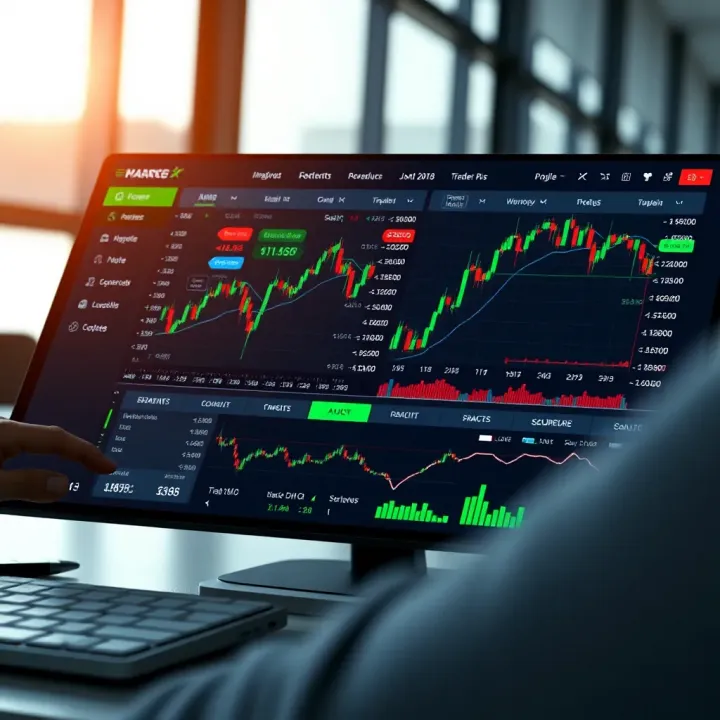 Digital interface showing various online trading platform features and market charts