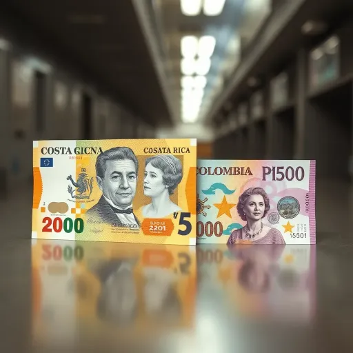 Currency notes of Costa Rica and Colombia placed side by side on a flat surface