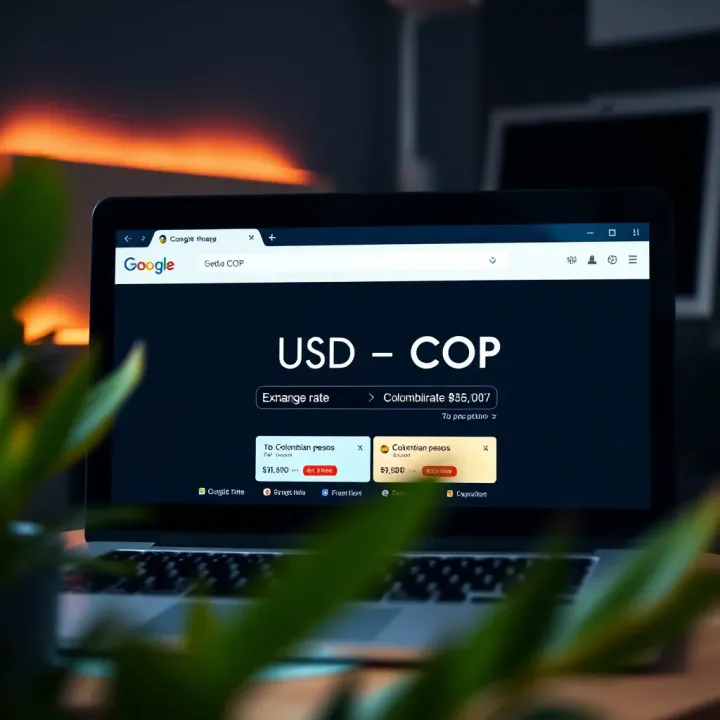 A computer screen showing a Google search for the current exchange rate between US dollars and Colombian pesos