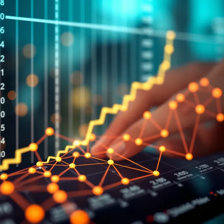 Graph showing financial growth with interconnected nodes representing copy trading connections