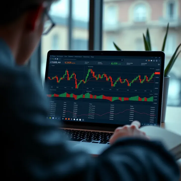 Illustration of online trading course interface showing charts and educational content on a laptop screen