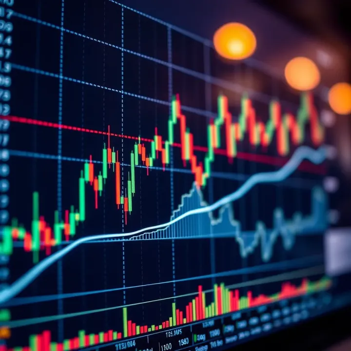 Technical analysis chart showing candlestick patterns and trend lines on a stock market graph