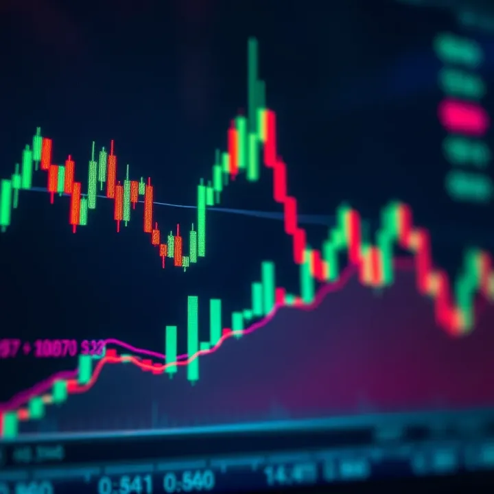 Financial chart showing candlestick patterns and moving averages for market analysis