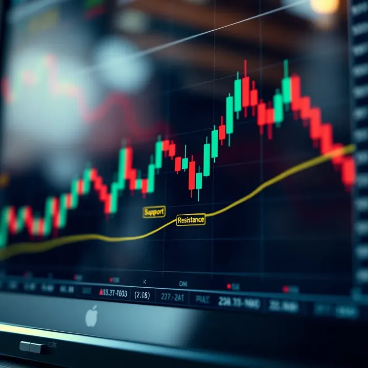Candlestick chart illustrating currency price movements with annotated support and resistance levels
