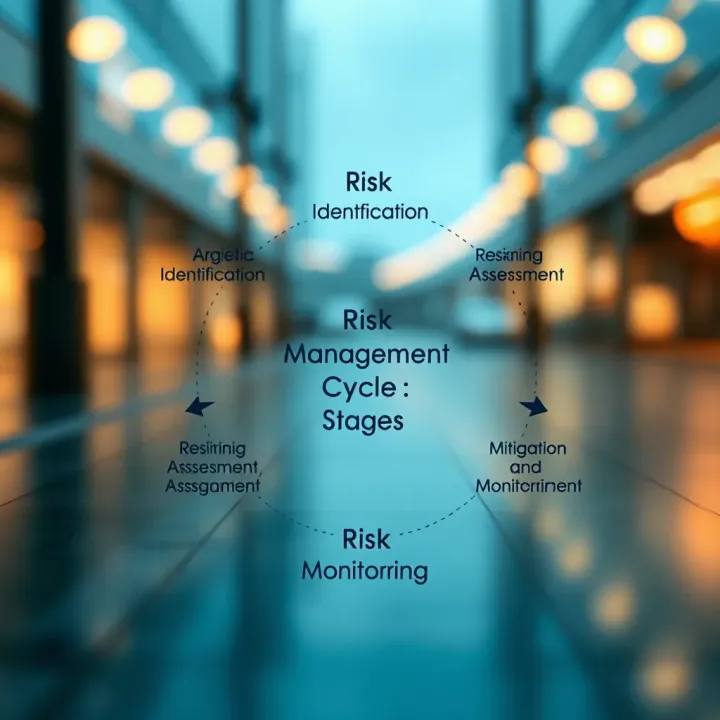Diagram illustrating key stages of risk management cycle including identification, assessment, mitigation, and monitoring