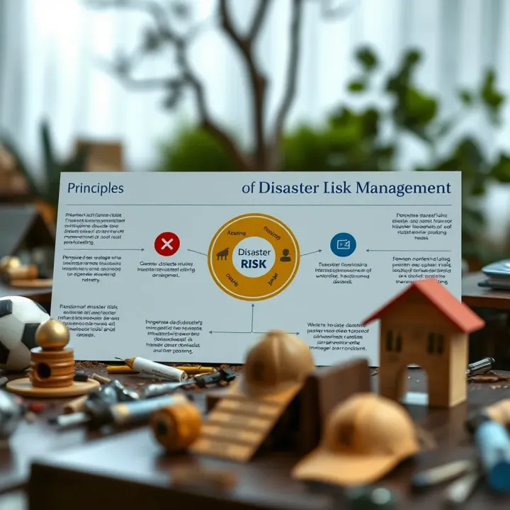 Diagram illustrating key principles and stages of disaster risk management including prevention, preparedness, response, and recovery