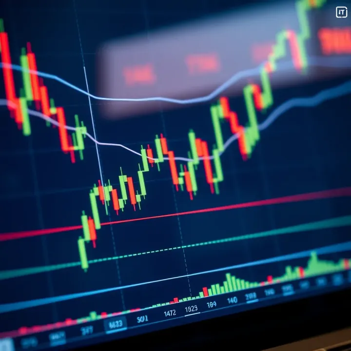 Chart displaying candlestick patterns and moving averages for technical stock analysis