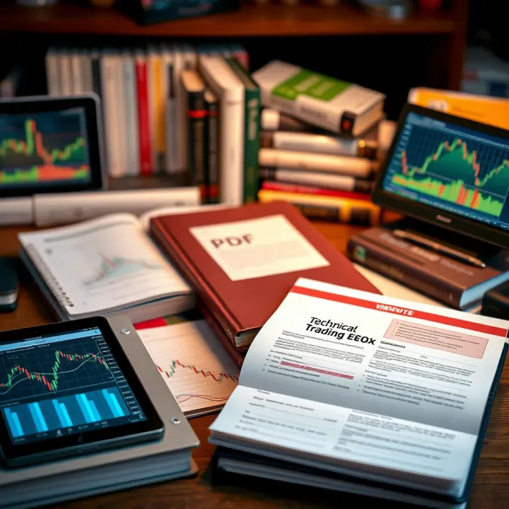 Collection of essential technical trading books laid out with digital devices showing graphs