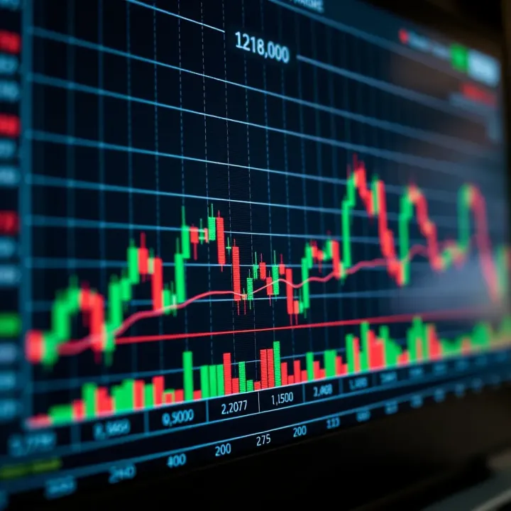 Financial graph displaying common indicators such as moving averages and volume bars for market decision-making
