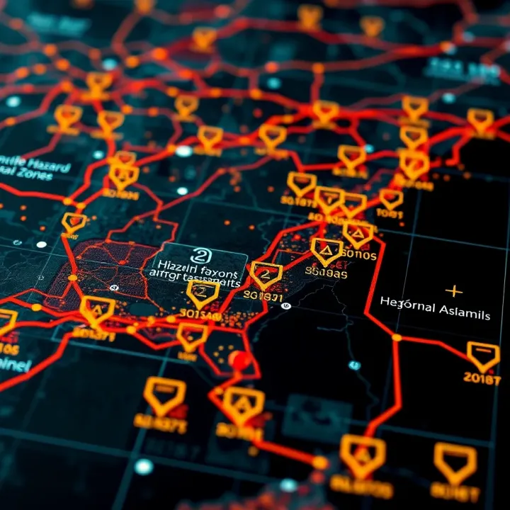 Detailed map highlighting potential hazard zones with overlays of data points and alerts