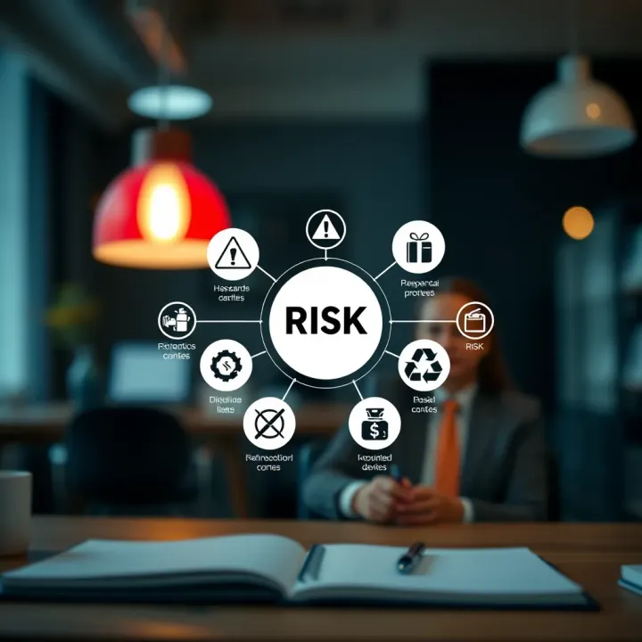 Visual representation of risk assessment with icons depicting various hazards and risk control strategies in an organizational context