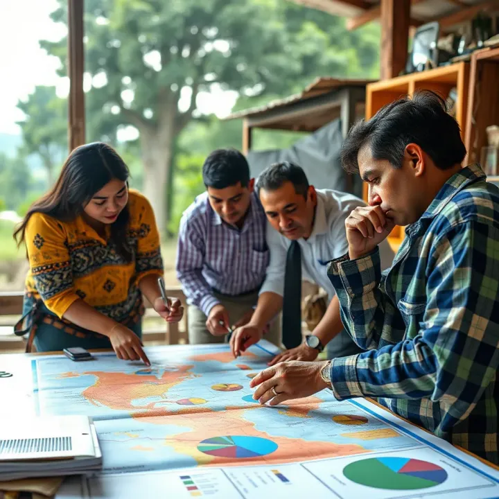 Illustration of community members collaborating on disaster risk assessment using maps and data charts