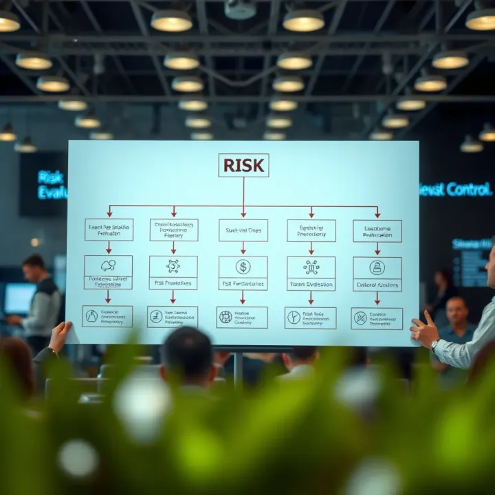 Flowchart illustrating stages of risk evaluation and control with icons and arrows for clear communication