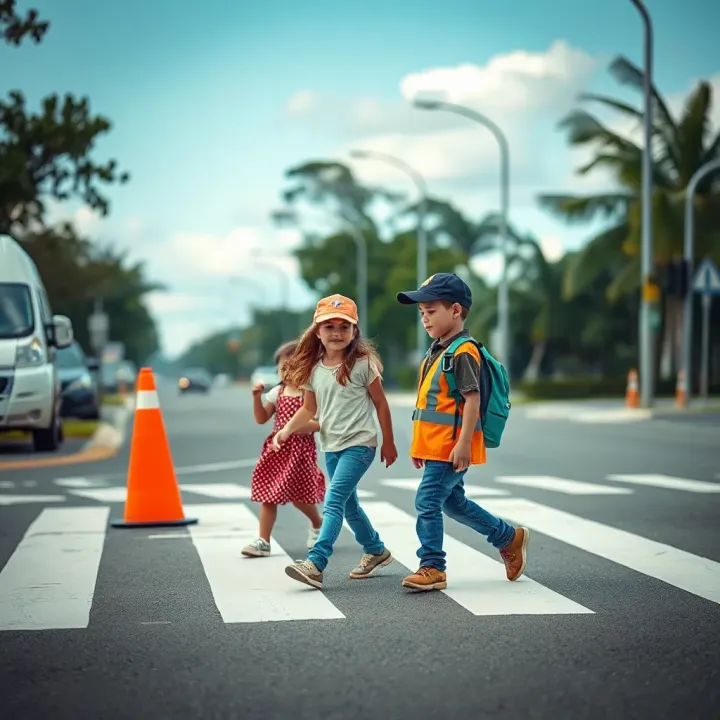Children Learning Road Safety Skills Children practicing safe crossing on a crosswalk with supervision