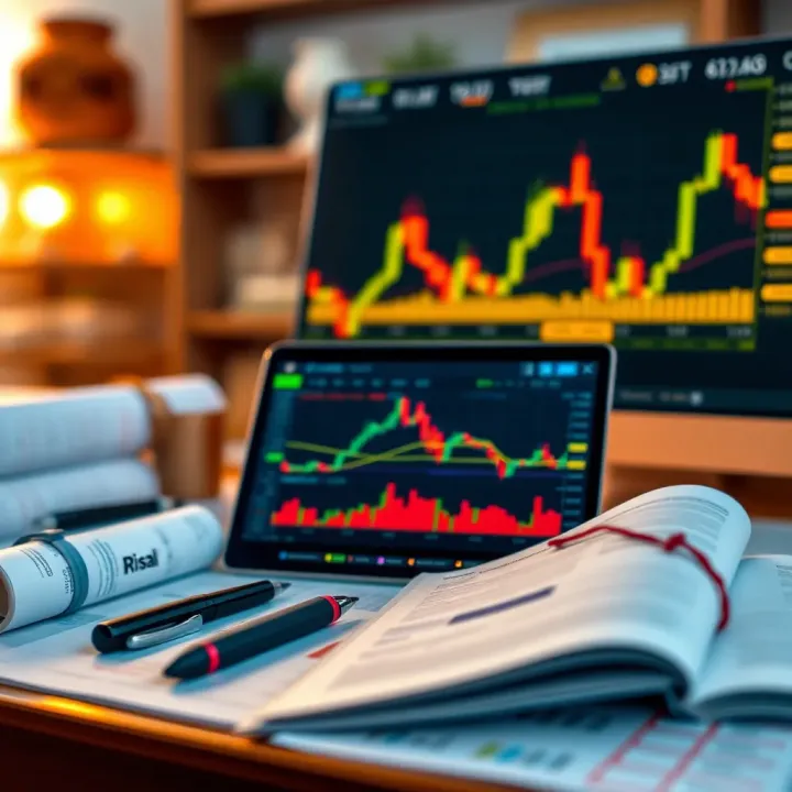 Risk management concept with financial charts and educational materials on trading