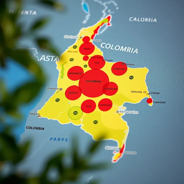 Map of Colombia highlighting regions vulnerable to natural hazards and risk zones