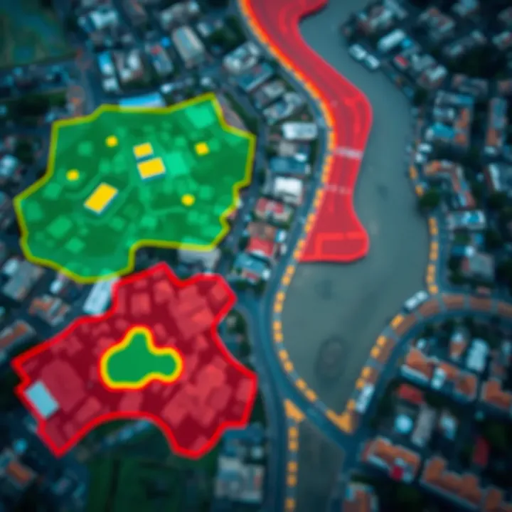 Aerial view of a flood-prone urban area highlighting risk zones with color-coded overlays
