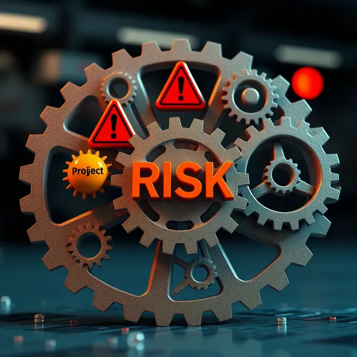 Project risk management concept with interconnected gears and warning symbols